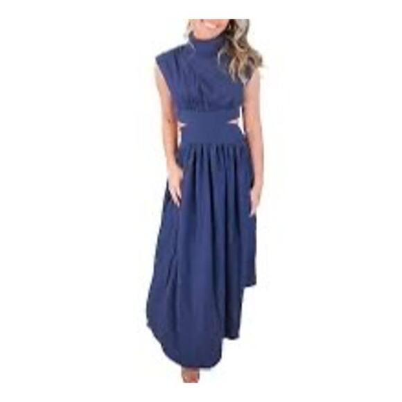 COMMENSE Cut Out Navy Maxi Dress Mock Neck Beach Resort Pockets Women's Med NWOT - Picture 1 of 14